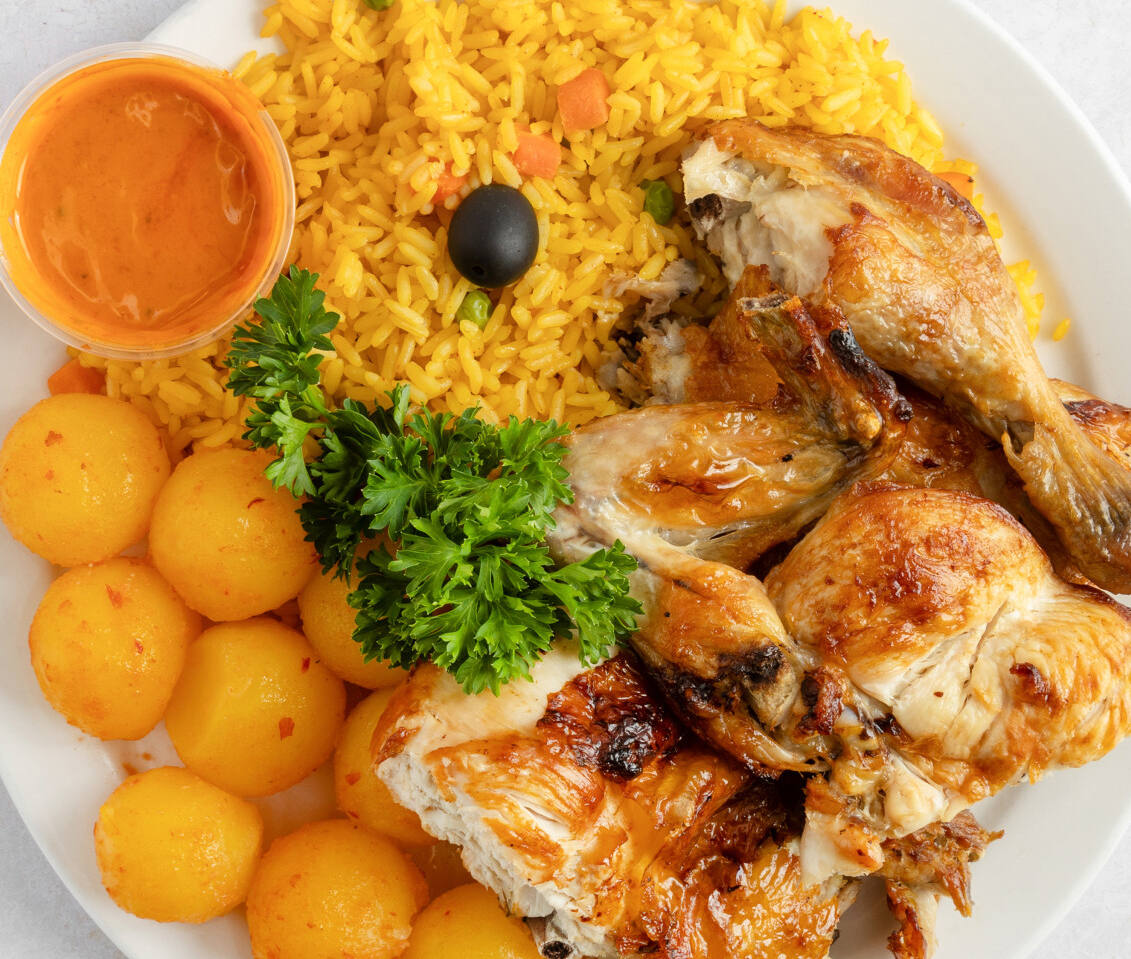 Whole or Half Chicken with rice and potatoes dinner